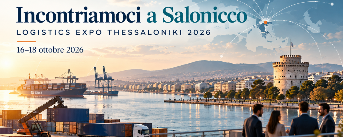 Sahaka a Logistics Expo Thessaloniki 2026: incontriamoci a Salonicco, 16–18 ottobre 2026. Illustrazione del porto e delle relazioni commerciali.