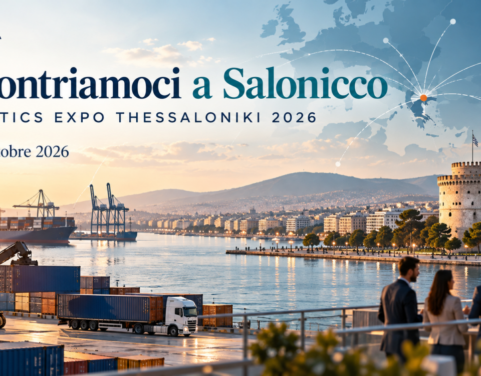Sahaka a Logistics Expo Thessaloniki 2026: incontriamoci a Salonicco, 16–18 ottobre 2026. Illustrazione del porto e delle relazioni commerciali.
